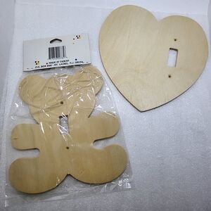 Unfinished Wood Single Wall Light Switch Cover Bear Heart Lot of 2 Vintage NOS